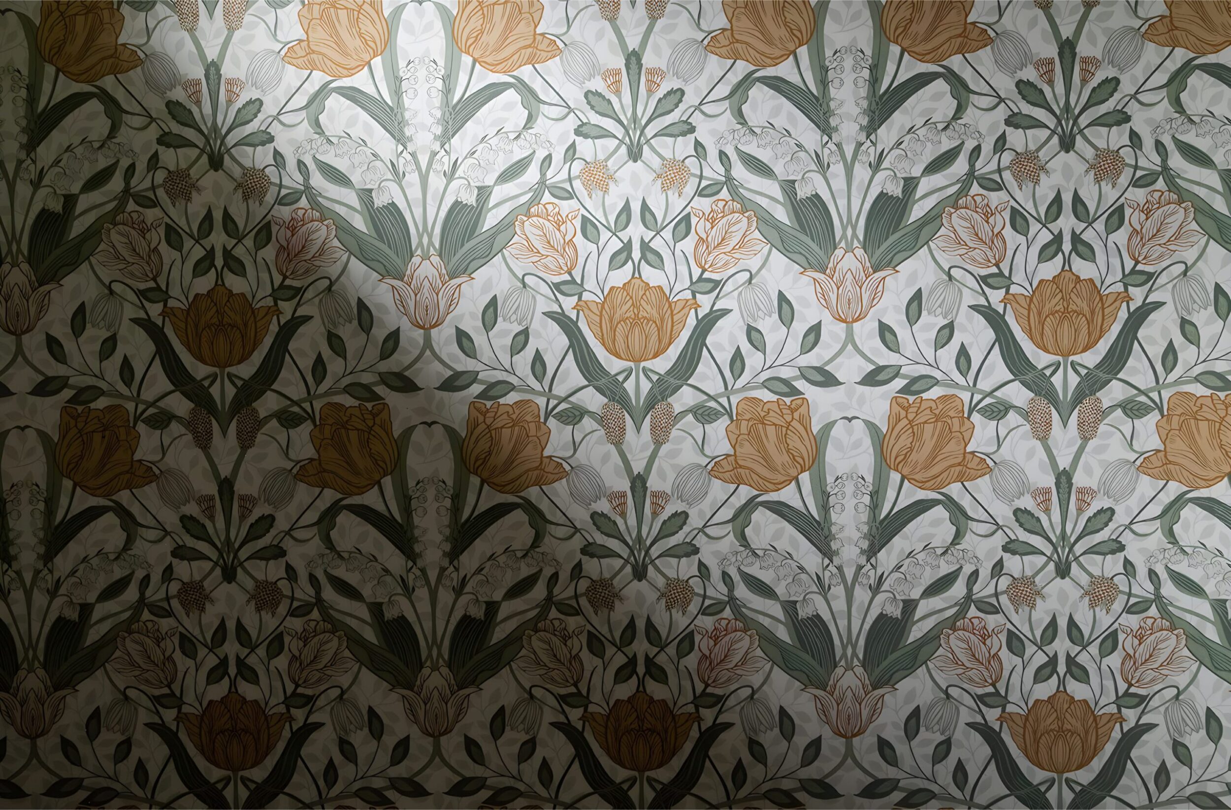 Wallpaper with golden floral pattern, green leaves, and repeating botanical design.