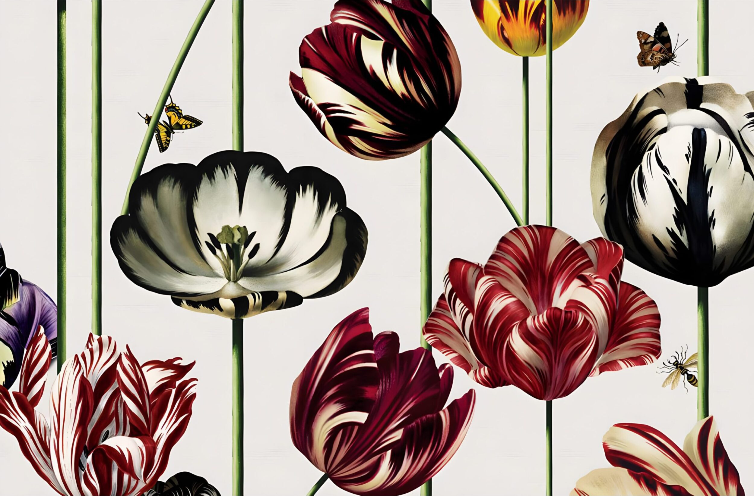 Bold wallpaper featuring large tulip flowers in red, black, and yellow with butterflies on white background