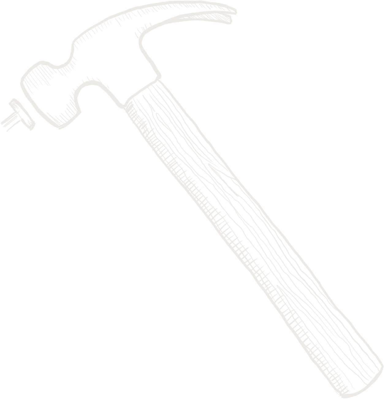 Minimal line-art illustration of a hammer with a wooden handle and metal head, angled diagonally on a white background.